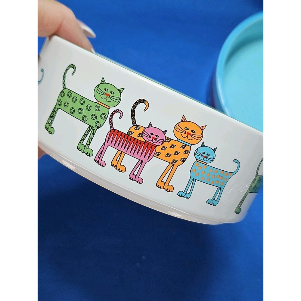 2 Whisker City Cat Food Water Bowl Dish Fishing Whimsical Abstract Cats